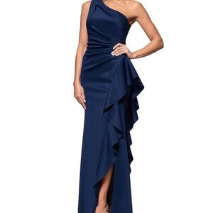 Xscape Asymmetrical Navy Blue One-Shoulder Evening Gown